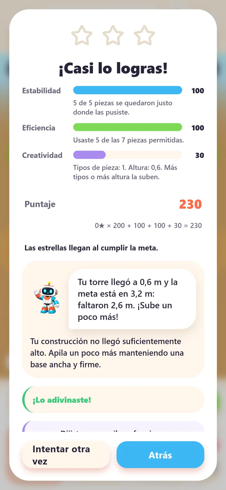 Resultado en SnapLab: barras de estabilidad, eficiencia y creatividad, y Spark explica cuánto faltó para la meta.